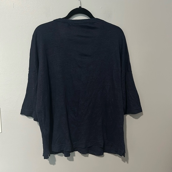 Boden Notch-collar Linen Henley Navy V-Neck Short Sleeve Top - Picture 3 of 4